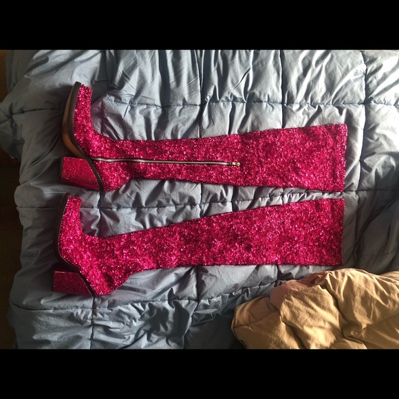 Stylish Over the Knee Boots - Silver, Pink Floral, and Pink Glitter - Picture 3 of 6